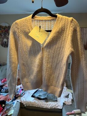 SHEIN Cream Cable Knit V-Neck Cardigan